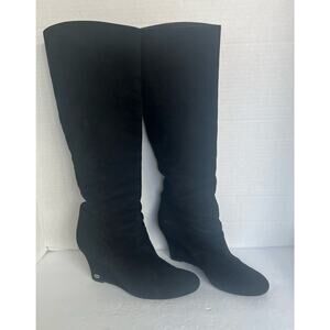 Gucci Black Suede Knee High Wedge Heel Pull On Round Toe Boots 203924 Sz 7.5M